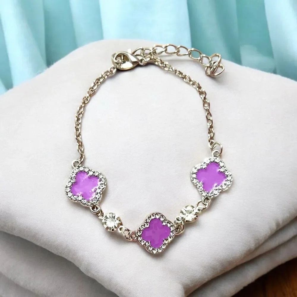 Elegant Purple Clover Rhinestone Silver Tone Bracelet
